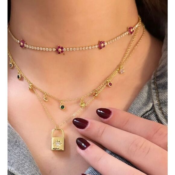 Rosey pink flower sparkly cubic zirconia tennis necklace - Picture 2 of 6